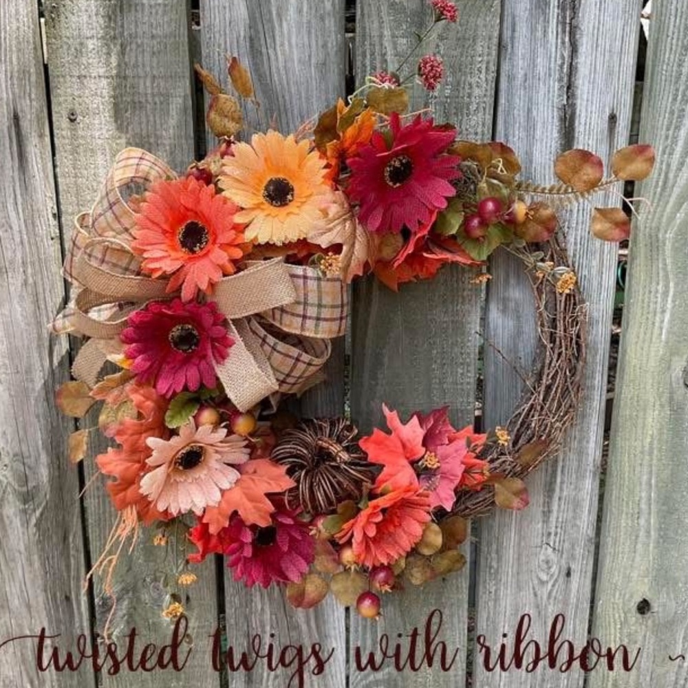 Autumn Harvest Wreath with Orange and Red Flowers